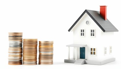 A miniature house beside stacks of coins, representing the cost of homeownership.