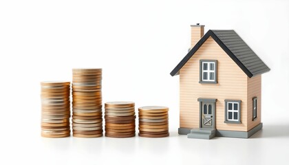 Stacked coins leading to a small wooden house model, representing real estate investment.