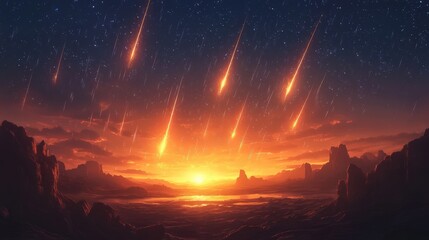 Meteor Shower over Desert at Night, Celestial Sky Scene, Fantasy Art Illustration with Silhouettes, Copy Space