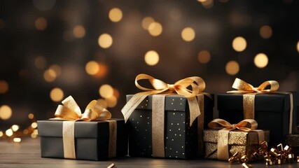 Gift boxes wrapped in black and gold wrapping paper with gold ribbons and bows with sparkling gold confetti. Banner. Christmas card. Copy space.