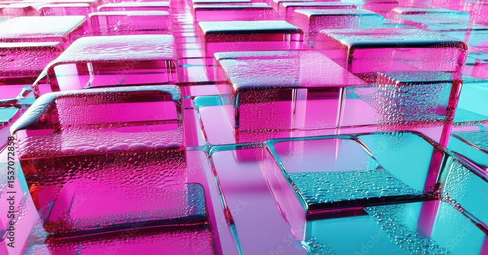Poster abstract geometric shapes, vibrant pinks, blues create textured surface. reflections suggest glossy 