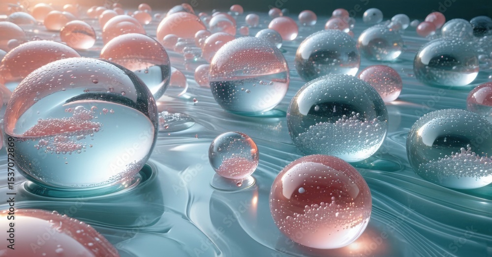 Poster Numerous glass spheres rest upon reflective surface. Light plays across rounded forms, creating soft glow. Subtle color variations present.
