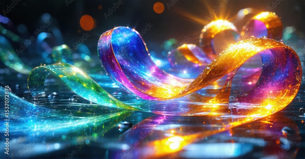 Poster vibrant ribbons flow, reflecting light. colors blend, creating dynamic abstract shapes. dark backgro