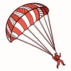 Skydiver descending with red and white parachute