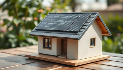 Miniature house model featuring solar panels on the roof, displayed outdoors on a wooden surface.