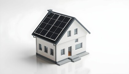 A miniature model house with solar panels on its roof, set against a plain white background.