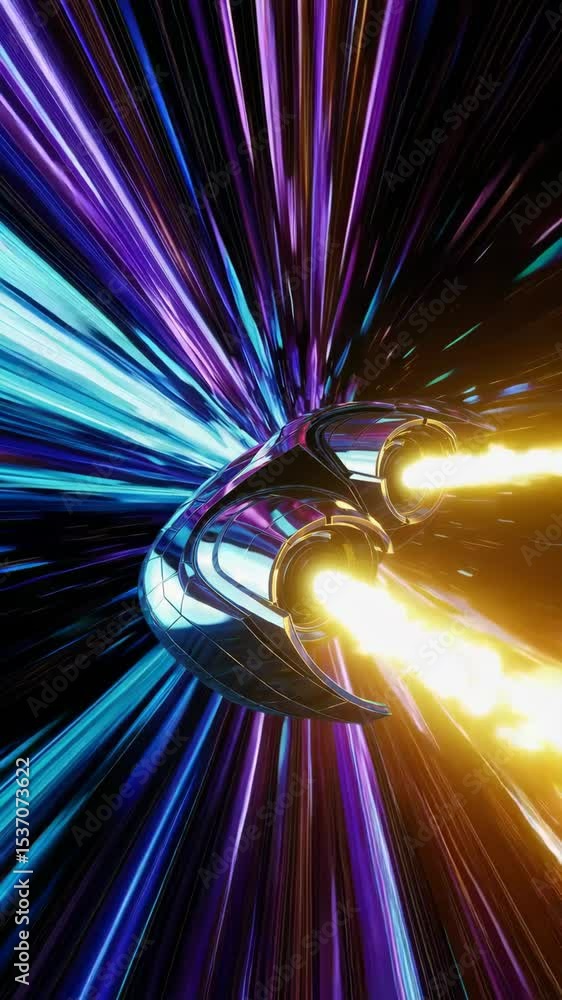 Poster spaceship warp speed through vibrant tunnel in deep space