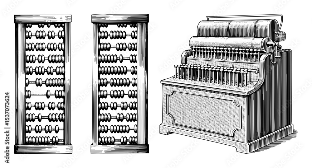 Poster vector vintage calculating devices including an abacus and mechanical calculator are presented as de