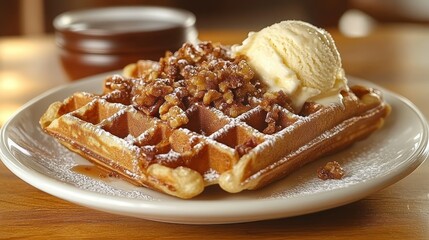 Delicious waffle topped with walnuts, ice cream, and powdered sugar
