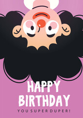 Whimsical clown with expressive eyes, a red nose, and colorful attire on a lively pink background.A vibrant birthday illustration showcasing. 