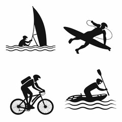 Extreme sports silhouettes water sports cycling kayaking