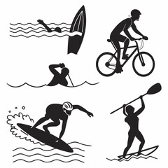 Active lifestyle water sports cycling silhouettes