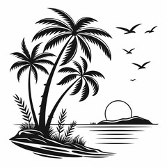 Tropical paradise palm trees sunset ocean scene graphic