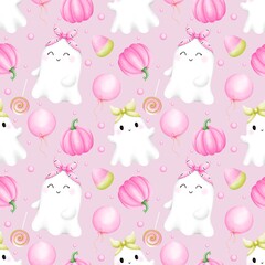 Pink Ghost Candy Fantasy Pattern.Whimsical Pumpkin Boo Delight.Cheerful Ghost Balloon Celebration