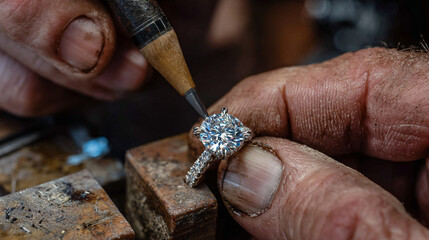 Close up of jeweler working on a diamond ring with a tool.