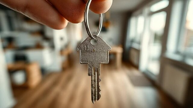 Close-up Hand Holding House Keys in Front of Modern Interior Background