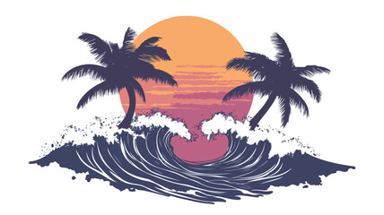 A stylized vector illustration depicting a sunset over a body of water. Two stylized palm trees are silhouetted against a large, round, orange and pink sunset.  Below, stylized ocean waves in