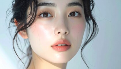日本人, 超リアル,美しい, 若い女性, 顔, クローズアップ, 欠点のない肌, 輝く肌質, ナチュラルメイク, 柔らかなライティング, 美容CM風, シネマティック, カメラ目線, 高解像度,Japanese, ultra-realistic, beautiful, young woman, face, close-up, flawless skin, glowing complexion