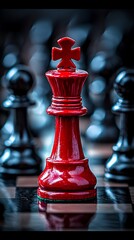 Red king chess piece, strategic focus