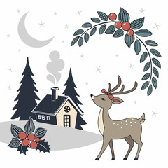 Festive reindeer cottage winter night scene illustration