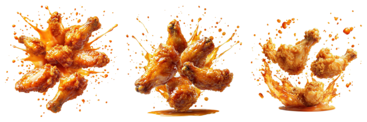 Hot and Crunchy Chicken Drumsticks Flying with Fiery Sauce Splatter in High-Speed Motion Isolated on Transparent Background