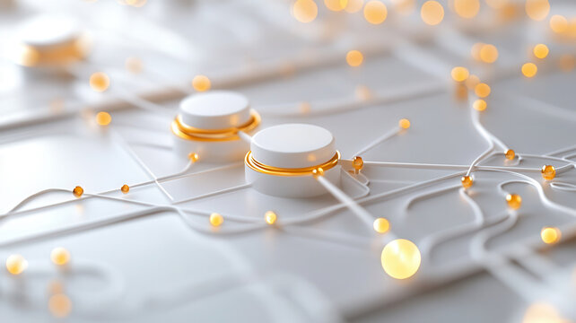 Floating abstract schematic with softly illuminated nodes, animated lines, and negative space for SaaS design in automated decision-making