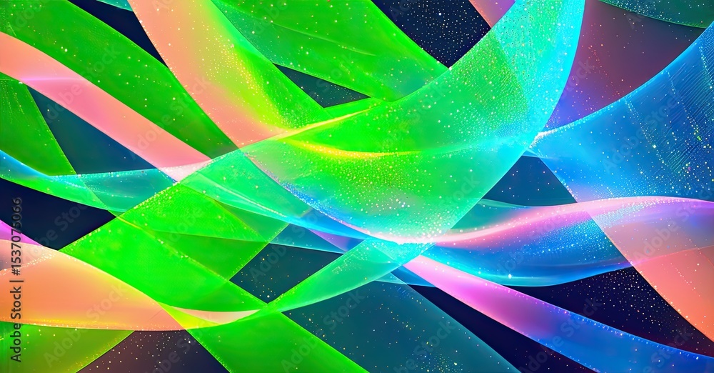 Poster Bright abstract waves, vibrant colors, dynamic flow. Light streaks create energetic visual experience. Sparkles add depth.