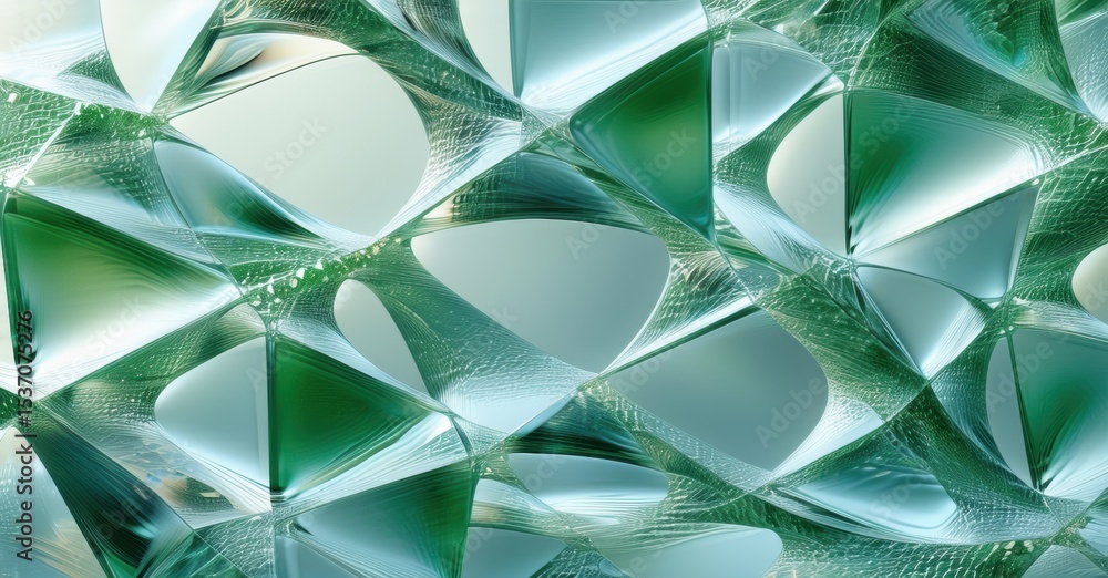 Poster abstract crystalline structure. green hues dominate, creating complex geometric patterns. light refr