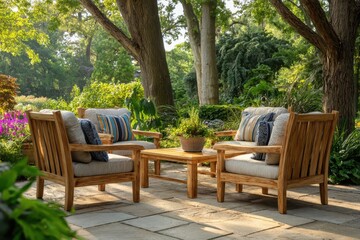 Obraz premium Outdoor seating arrangement on a patio surrounded by lush greenery and trees.