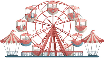 A vector illustration depicting a red Ferris wheel with pink and white gondolas.  Two smaller, striped carnival tents are positioned on either side of the Ferris wheel, creating a complete carnival