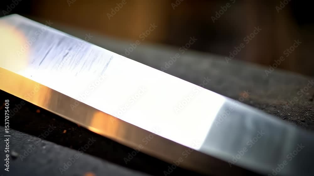 Poster close-up view of a metal chisel with a wooden handle resting on a dark workbench in a woodworking sh