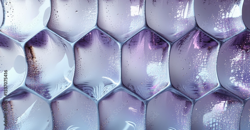 Poster hexagonal cells, translucent material, purple hues, light reflections. structure resembles honeycomb
