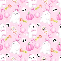Sweet Boo Ghost Festive Design.Playful Pumpkin Ghost Seamless pattern.
Adorable Halloween Boo
