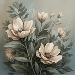 Stylized floral painting with creamy flowers and muted green foliage, exuding vintage charm and seasonal elegance