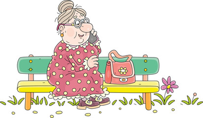 Funny granny in a spotted dress with her handbag sitting on a color bench in a summer park and friendly chatting on a phone, vector cartoon illustration isolated on white