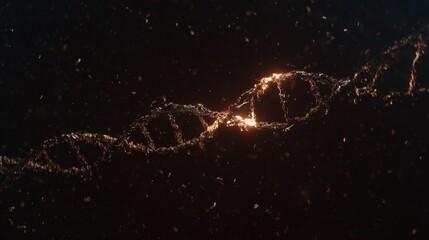 Fototapeta premium Glowing golden DNA double-helix structure with sparkling particles against a dark starry background, radiant light source creating warm glow and energy transformation, 