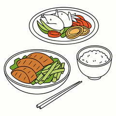 Delicious asian meal illustration with rice and chopsticks