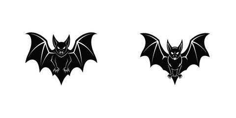 Two Intricate Black Bat Silhouettes with Piercing Eyes  Spooky Halloween and Nocturnal Wildlife Icons