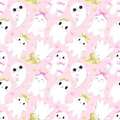 Kawaii Ghost Seamless Pattern. Cute Halloween Ghost Design.Adorable Pink Ghost Repeat.