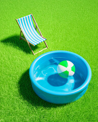 Blue Round Pool with Striped Inflated Ball and Deck Chair
