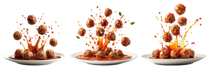 Dynamic Splash of Flying Meatballs with Sauce Explosion on White Plates Isolated on Transparent Background