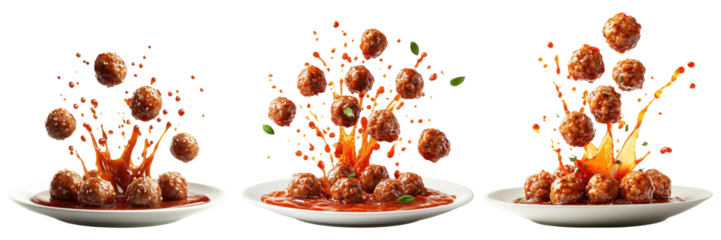 Dynamic Splash of Flying Meatballs with Sauce Explosion on White Plates Isolated on Transparent Background