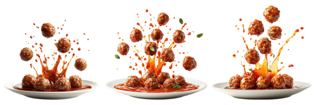 Dynamic Splash of Flying Meatballs with Sauce Explosion on White Plates Isolated on Transparent Background
