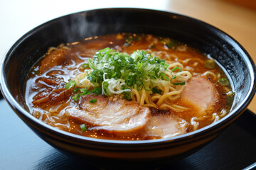 Steaming Ramen Bowl with Rich Broth and Fresh Toppings
