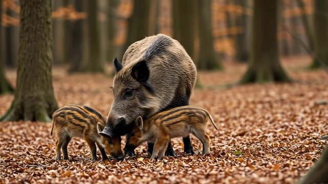 A wild boar mother with two striped baby piglets in a forest