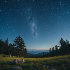 Scenic nature landscape beneath a clear, starry sky, evoking tranquility, wonder.