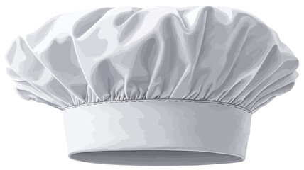 Close-up shot of a pristine white chef's hat, also known as a toque. The hat is predominantly white, exhibiting a smooth, uniformly textured fabric. It is round and voluminous