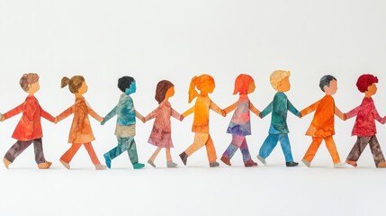 Paper cutout figures of diverse children holding hands walk together. For use promoting unity, diversity, childhood, and global community themes.