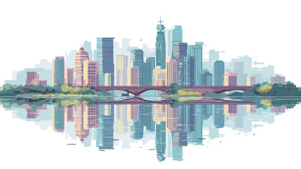 The image is a stylized illustration of a cityscape reflected in a body of water.  The style is reminiscent of watercolor painting, with soft pastel colors dominating the palette. 