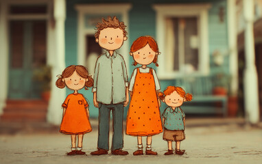 whimsical hand drawn family standing in front of their house, perfect for children's books, family-related educational materials, greeting cards, or parenting blogs, family day